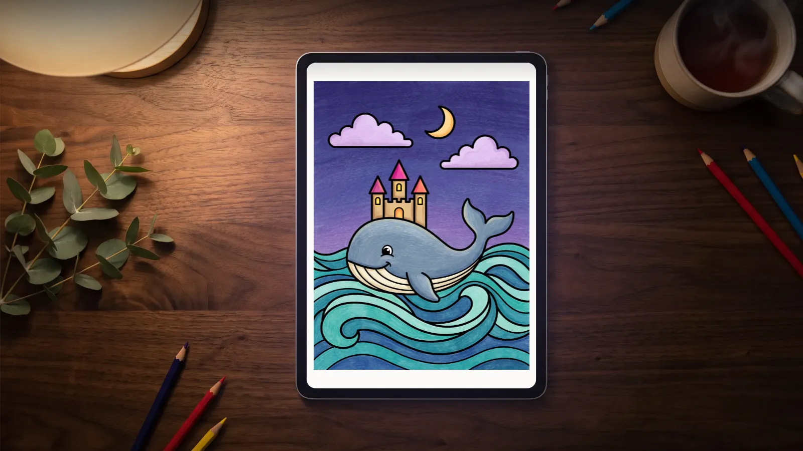 An iPad on a walnut table at night showing a finished coloring page: a castle riding a smiling whale through teal waves under a violet sky.